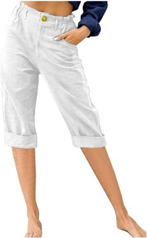 ZDRZK Summer Pants for Women 2023 Trendy High Waist Wide Leg Linen Capri Pant Loose Comfy Capris Trousers with Pockets
