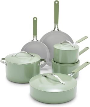 GreenLife 10-Piece Ceramic Nonstick Cookware Set, Dishwasher & Oven Safe, Silicone Stay-Cool Handles, PFAS-Free Ceramic Coated Pots and Pans with Lids, Healthy Kitchen Cooking Set, Dream Sage Green