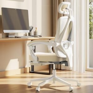 Dowinx Ergonomic Office Chair,Breathable Mesh Computer Chair with Pocket Spring Cushion,Desk Chair with Adjustable Lumbar Support and Headrest,Swivel Task Chair with Footrest and Steel Base,Beige