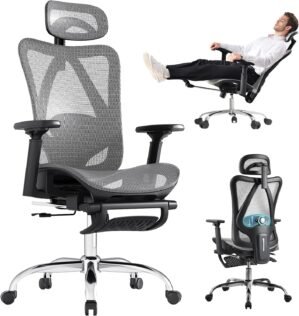 Ergonomic Office Chair, 3-Level Tilt Backrest, Breathable Mesh with Adjustable Lumbar Support, 3D Headrest and Armrests, Retractable Footrest
