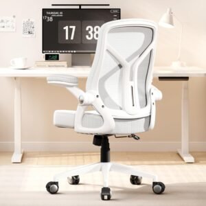 Ergonomic Office Desk Chair, PU Leather Home Office Desk Chair, Mesh Mid-Back Computer Chair, Flip-up Armrests Executive Task Chair (White)