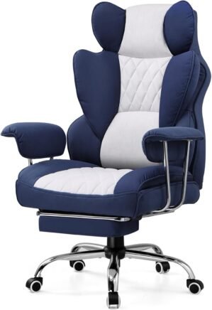 GTRACING Gaming Chair,Office Chair with Pocket Spring Lumbar Support, Ergonomic Comfortable Wide Office Desk Computer Chair with Outward Fixed Soft Armrests and Footrest (Fabric, Dark Blue & White)