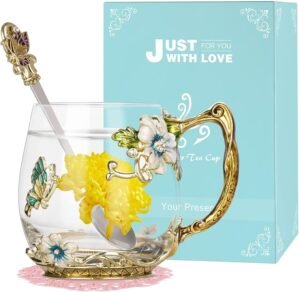 Wisolt Mothers Day Gifts for Mom Glass Tea Mugs for Women Grandma Sister Coworker Teacher Friend Glass Coffee Mug with Spoon Set Christmas Gifts for Women Anniversary Valentines