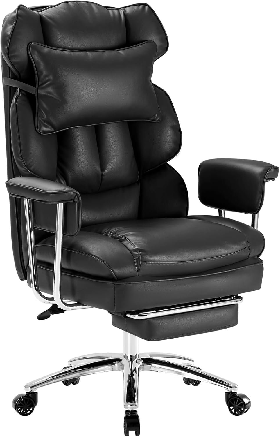 Sweetcrispy Executive Home Office Desk Chair – Ergonomic Big Tall High Back with Footrest & Lumbar Support, Reclining Height Adjustable, Comfy PU Leather Computer Gaming with Swivel Wheels, Black