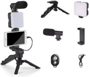Acuvar Vlogging Kit with Light and Microphone Pistol Grip Tripod |Studio LED Light, Professional Mini Portable Tripod Grip for Vlogging, TikTok, YouTube Videos | for Smart Phones, Cameras