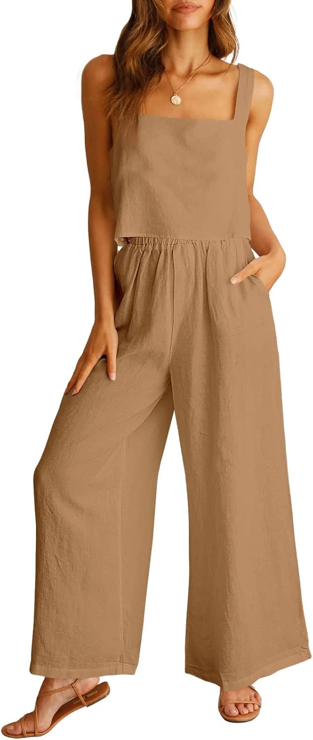ANRABESS Women’s 2 Piece Outfits Linen Pants Jumpsuit Matching Lounge Set Casual Summer Beach Vacation Trendy Clothes