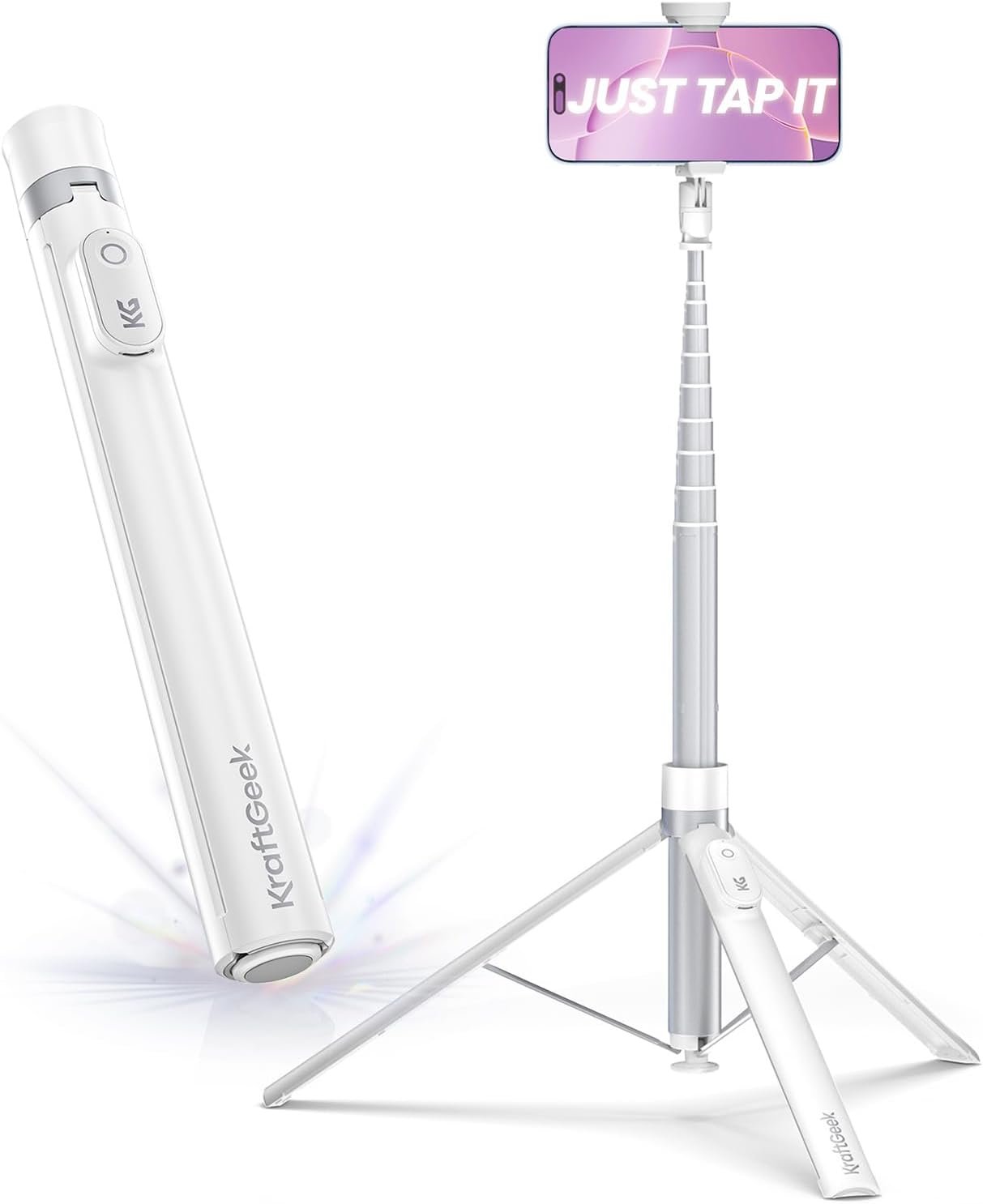 Tripod for iPhone, 66” JustTap Phone Tripod, Selfie Stick Cell Phone Stand for Recording Travel, Content Creator Essentials, White