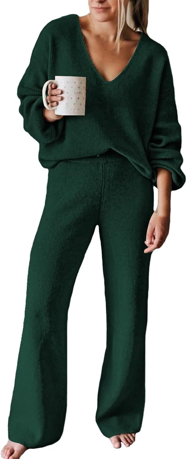 Viottiset Women’s 2 Piece Outfits Casual V Neck Knit Wide Leg Sweater Lounge Set Sweatsuit