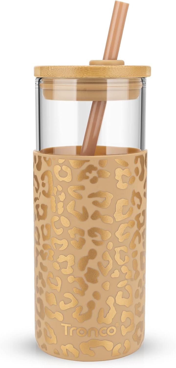 Tronco 20 oz Glass Tumbler with Straw and Lid- Glass Cup with Lid and Straw, Iced Coffee Cup Reusable, Smoothie Cups, Bamboo Lid and Protective Silicone Sleeve – BPA-Free