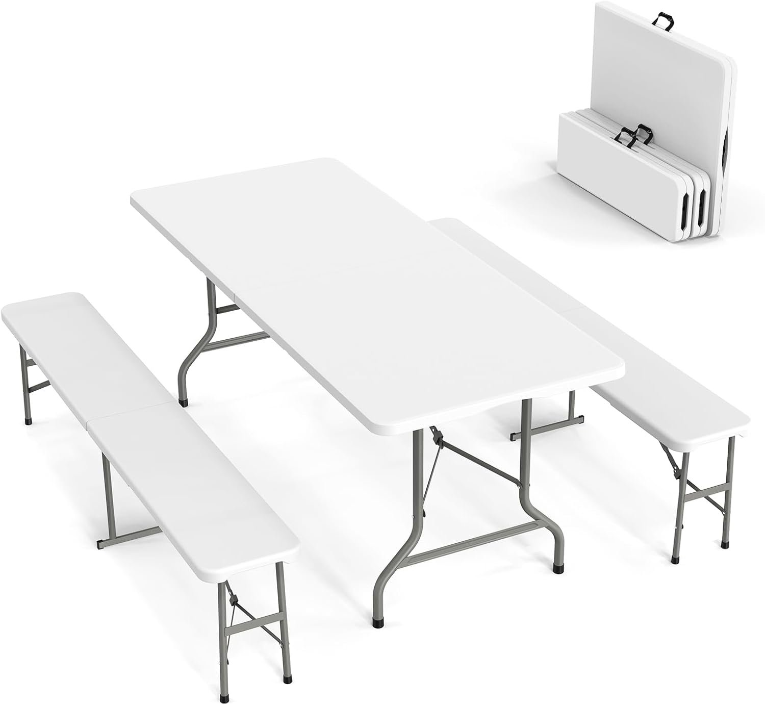 VINGLI Picnic Table Set with 2 Benches, 6 Feet Camping Table Chair Set,3-Piece Folding Furniture for Indoor or Outdoor Use, Smooth Tabletop, White