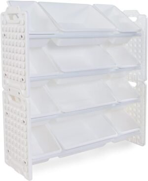 UNiPLAY Toy Organizer with 12 Removable Storage Bins, Multi-Bin Organizer for Books, Building Blocks, School Materials, Toys with Baseplate Board Frame (White)