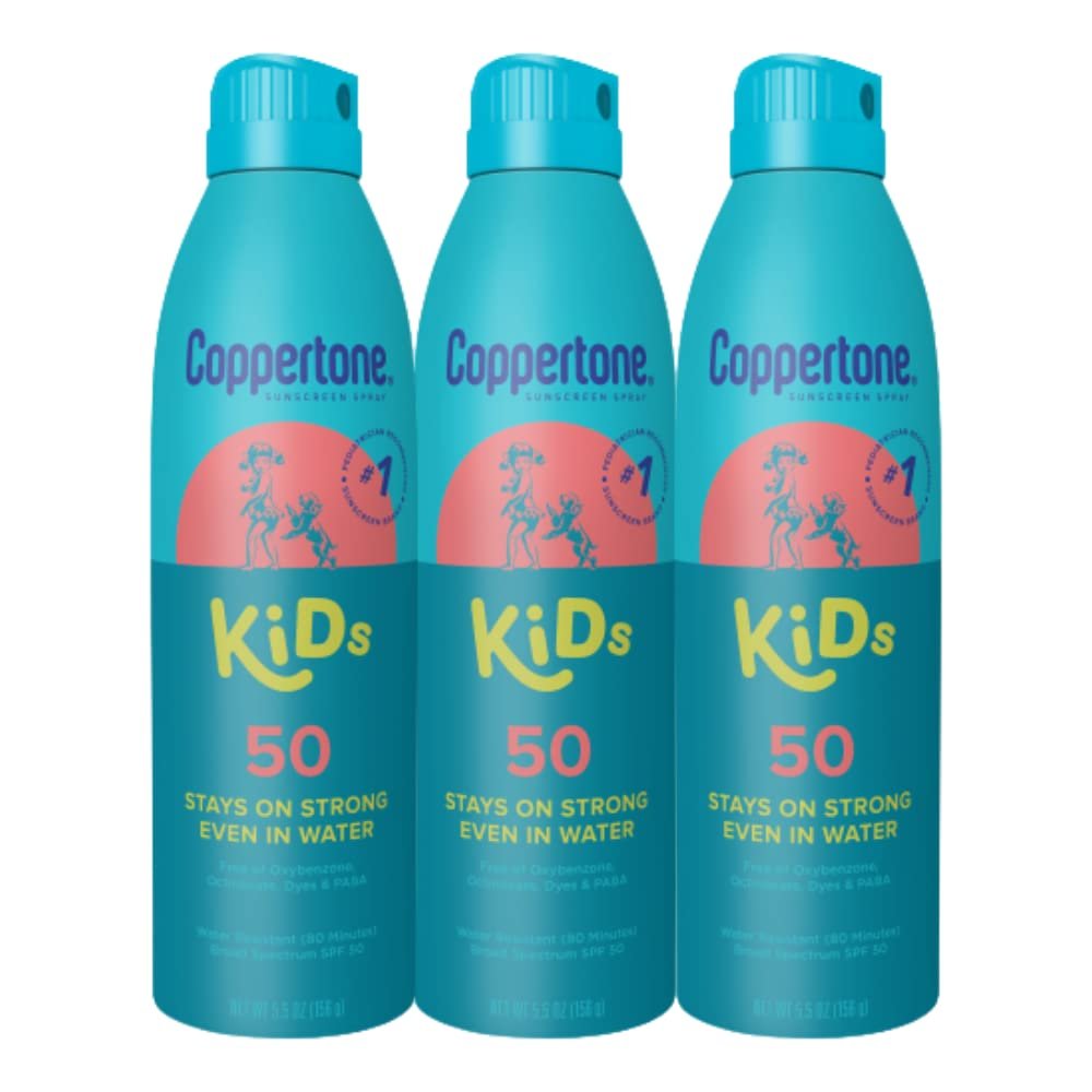 Coppertone Kids Sunscreen Spray SPF 50, Water Resistant Spray on Sunscreen for Kids, Pediatrician Recommended, 5.5 Oz Can, Pack of 3