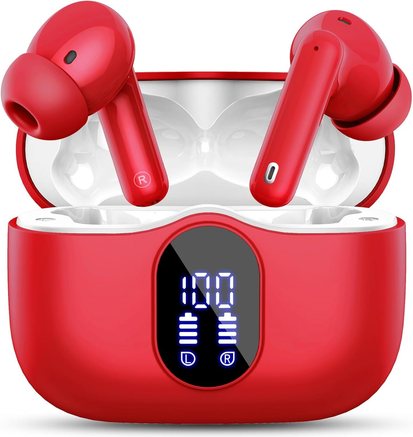 Wireless Earbuds Bluetooth 5.4 Headphones Bass Stereo Ear Buds with Noise Cancelling Mic LED Display in Ear Earphones IP7 Waterproof 36H Playtime for Laptop Pad Phones Sports Workout Red