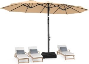 15ft Patio Umbrella with Base Included, Rectangle Oversized Double Sided Pool Umbrellas, Large Table Umbrella Outdoor for Market, Deck, Garden (Beige)