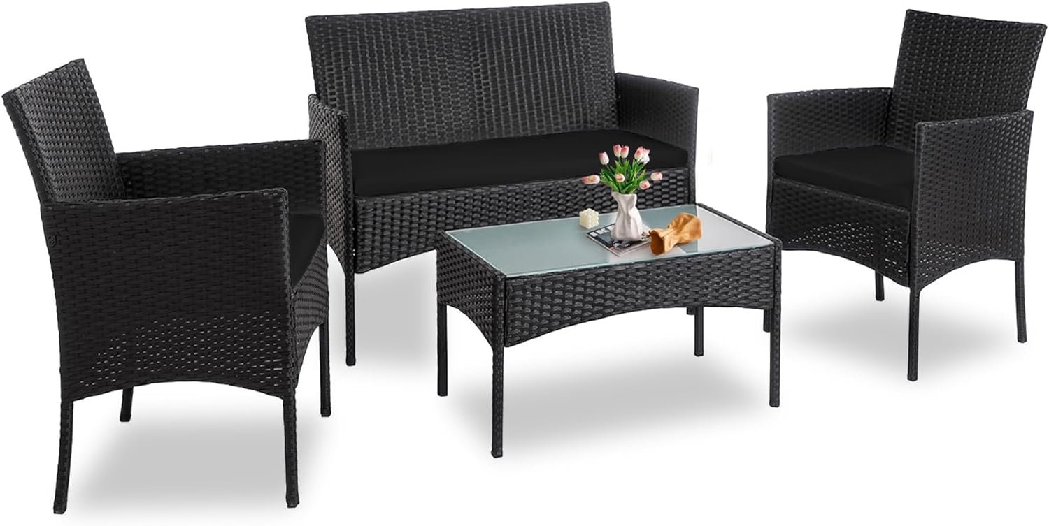 PROHIKER 4 Piece Outdoor Wicker Patio Conversation Furniture Set, Rattan Chair Wicker Sofa Garden Conversation Sets with Cushion and Glass Table for Yard Pool or Backyard, Black/Black
