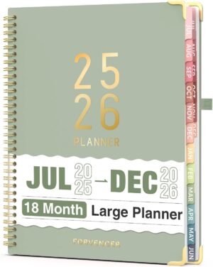 Jul 2025 – Dec 2026 Planner, Forvencer Academic Planner 2025-2026, 18 Month Daily Planner, 8.5″ x 11″, Weekly & Monthly Agenda Book, Hardcover Calendar Book, School Supplies for Student Teacher, Green