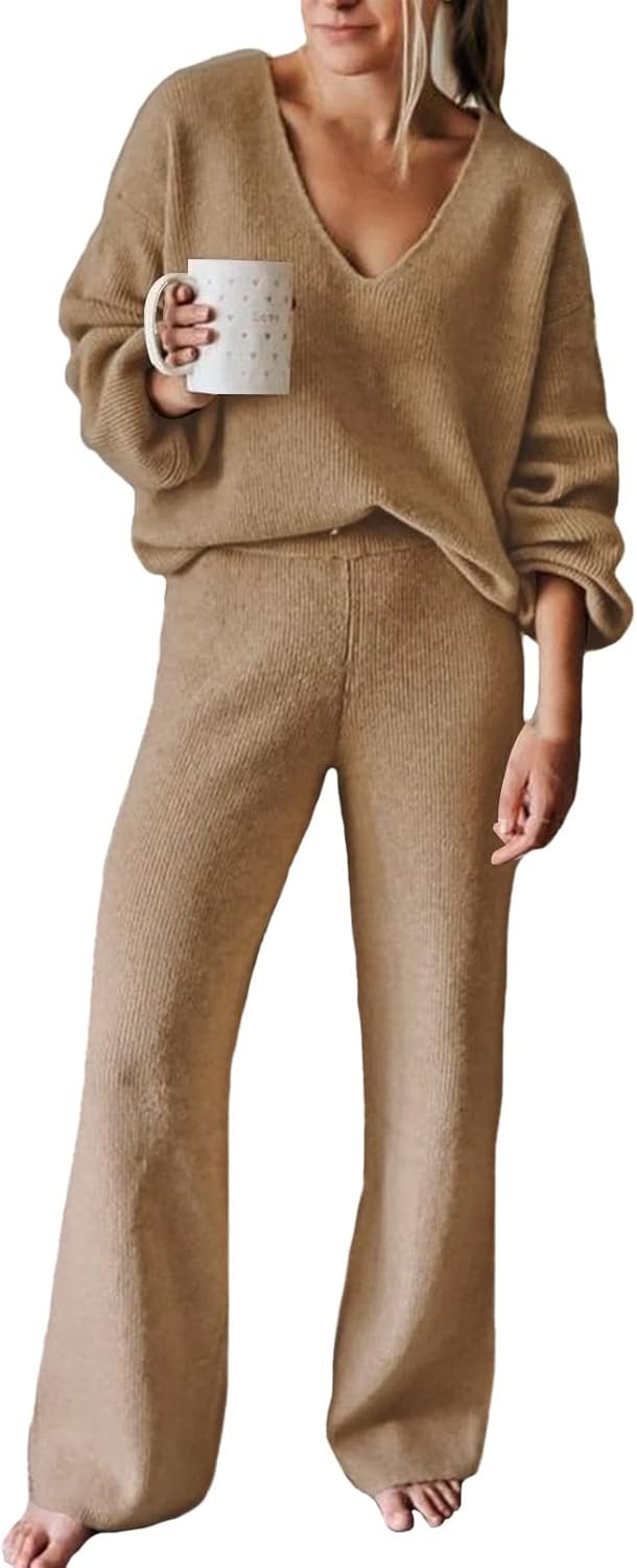 Viottiset Women’s 2 Piece Outfits Casual V Neck Knit Wide Leg Sweater Lounge Set Sweatsuit