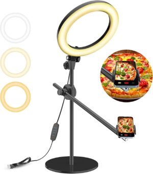 LUXSURE Ring Light for Desk with Stand,Overhead Camera/Phone Mount with 10.5″ Ring Lights for iPhone,Phone Tripod with Light Adjustable Lighting for Video Recording,Cooking,Live Stream,Content Creator