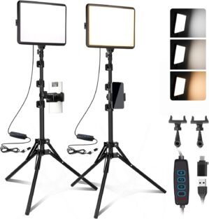 2-Pack LED Video Light Kit, NiceVeedi Studio Light, 2800-6500K Dimmable Photography Lighting Kit with Tripod Stand&Phone Holder, 73″ Stream Light for Video Recording, Game Streaming, YouTube
