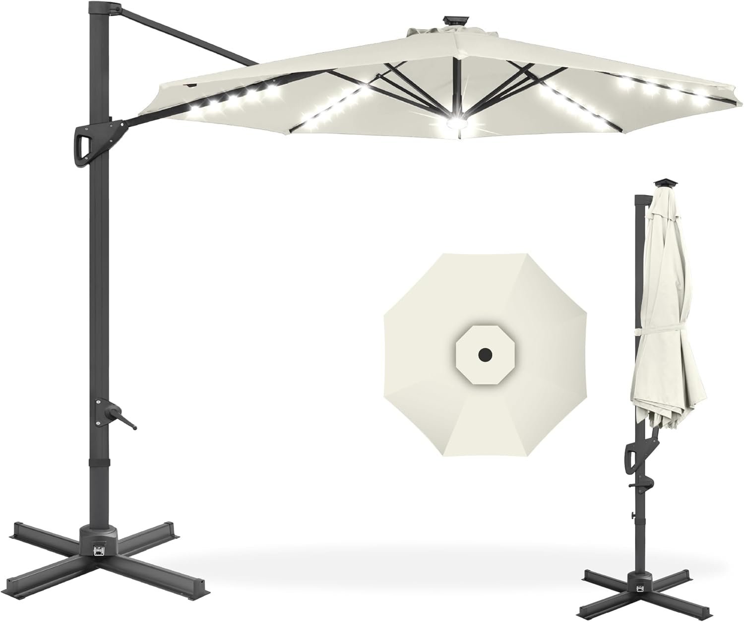 Best Choice Products 10ft Solar LED Cantilever Patio Umbrella, 360-Degree Rotation Hanging Offset Market Outdoor Sun Shade for Backyard, Deck, Poolside w/Lights, Easy Tilt, Cross Base – Ivory