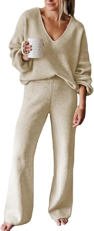 Viottiset Women’s 2 Piece Outfits Casual V Neck Knit Wide Leg Sweater Lounge Set Sweatsuit