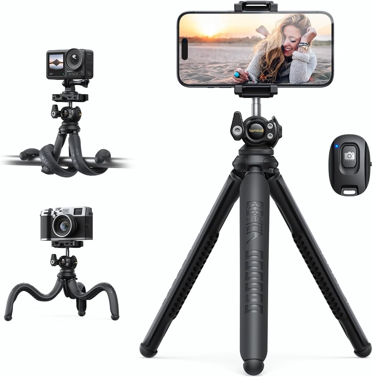 Lamicall Tripod for iPhone – 3 in 1 Flexible Phone Tripod with Wireless Remote – iPhone Tripod Stand for Video Recording Vlogging Selfie Compatible with iPhone Samsung Go Pro, Digital Camera