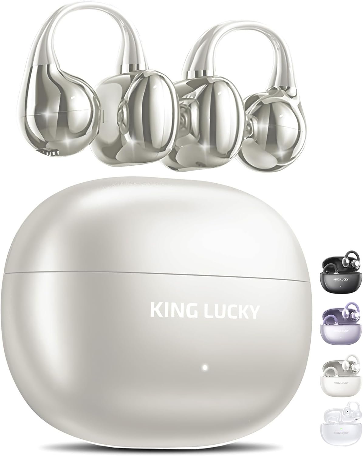 King Lucky Clip on Earbuds Open Ear Wireless Bluetooth 5.4 Headphones with Mic,50H Play,Noise Cancelling,Waterproof,Sports Ear Buds,Comfortable for Small Ears & Glasses Wearers,Workouts (Pearl White)