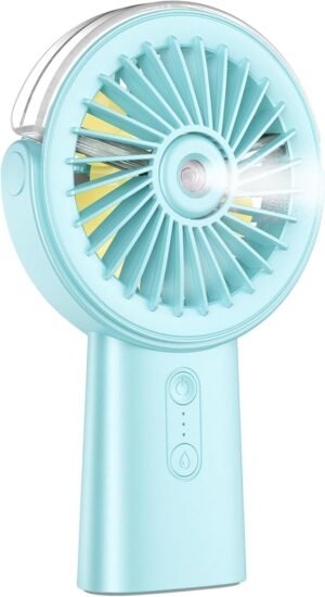 Otlonpe Handheld Misting Fan Portable, 4000mAh Rechargeable Small Personal Water Spray Hand Held Mist Fan Battery Operated, 90° Rotatable, Power Bank for Travel Home Office Men Women Kids (Blue)
