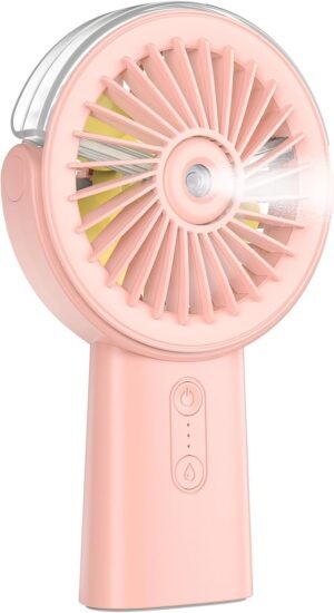 Otlonpe Handheld Misting Fan Portable, 4000mAh Rechargeable Small Personal Water Spray Hand Held Mist Fan Battery Operated, 90° Rotatable, Power Bank for Travel Home Office Men Women Kids (Pink)