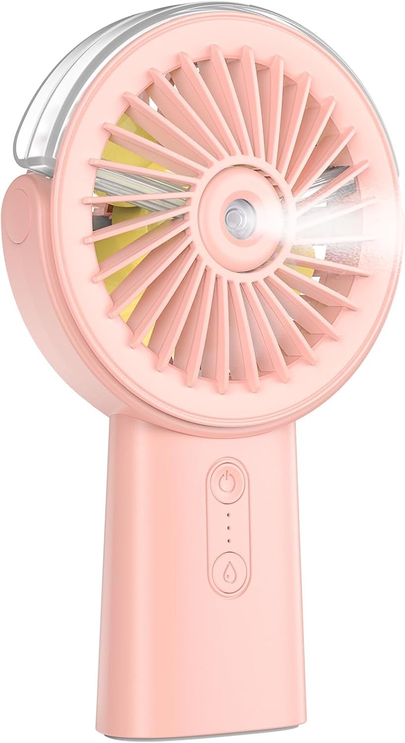 Otlonpe Handheld Misting Fan Portable, 4000mAh Rechargeable Small Personal Water Spray Hand Held Mist Fan Battery Operated, 90° Rotatable, Power Bank for Travel Home Office Men Women Kids (Pink)