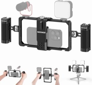 NEEWER Upgraded Phone Rig Vlogging Kit, Video Stabilizer with Dual Handle, Wireless Mic Clip Slot for Tiktok/YouTube, Compatible with SmallRig iPhone 16 15 14 Pro Max Plus 13 Galaxy S23, PA009