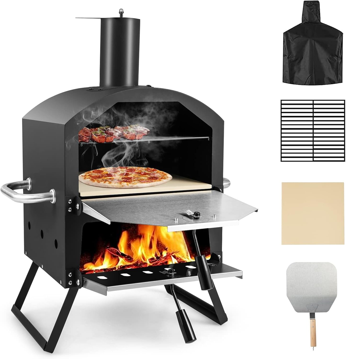 PETSITE Pizza Oven Outdoor, Wood Pellet Fired Pizza Oven with 12 Inches Pizza Stone & Waterproof Cover, 2-Tier Design Portable Stainless Steel Grill Pizza Maker for Outside Backyard Party