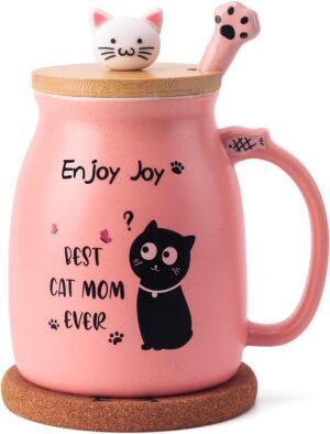 Best Mom Ever Coffee Mug Mothers Day Gift for Mom from Daughter Son, Novelty Coffee Mug for Mama Birthday Gifts for Women, Her, Wife, Sister, Grandma, Cute Cat Ceramic Coffee Mug with Spoon, Pink