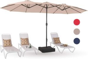 PHI VILLA 15ft Large Patio Umbrellas with Base Included, Outdoor Double-Sided Rectangle Market Umbrella with Stand, Outside Umbrellas for Poolside Lawn Backyard, Beige
