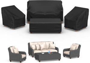 Mrrihand Patio Furniture Covers, 4 Piece Outdoor Furniture Cover Waterproof includ Ourdoor Sofa Cover, 2 Chair Covers, Coffee Table Cover with Windproof Buckle Strap and Adjustable Drawstring-Black