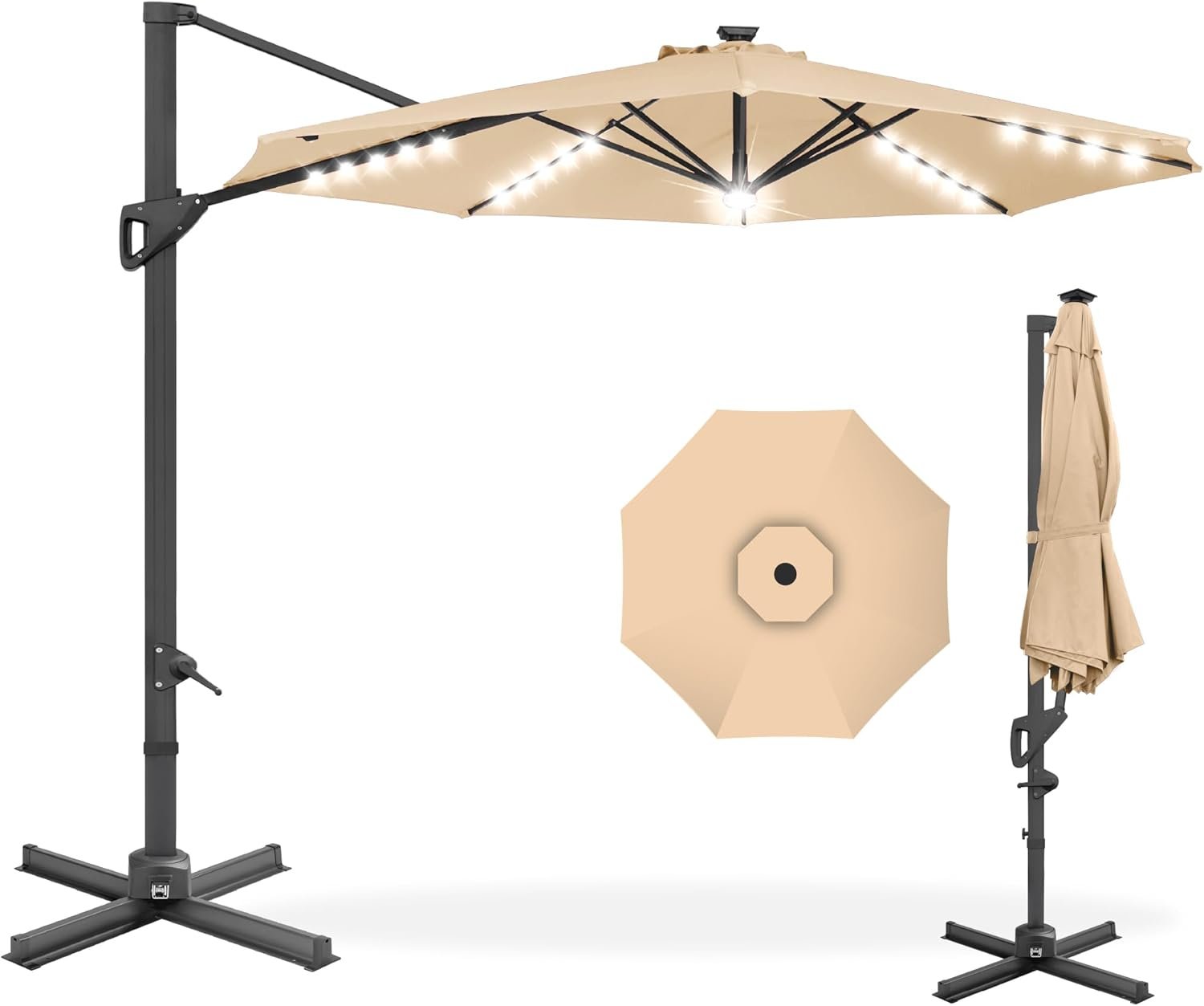 Best Choice Products 10ft Solar LED Cantilever Patio Umbrella, 360-Degree Rotation Hanging Offset Market Outdoor Sun Shade for Backyard, Deck, Poolside w/Lights, Easy Tilt, Cross Base – Sand
