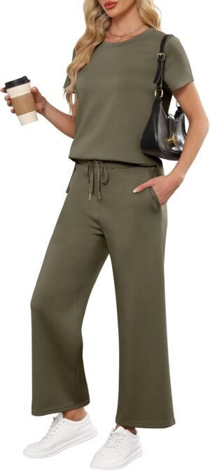 ANRABESS Women 2 Piece Lounge Sets Summer Travel Sweat Outfits Short Sleeve Wide Leg Casual Matching Tracksuits Clothes