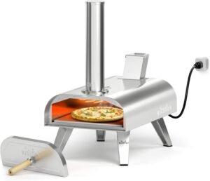 BIG HORN OUTDOORS 12″ Dual Fuel Pizza Oven – Electric & Wood Pellet, Indoor & Outdoor High-Temp Pizza Maker (1000°F) with Pizza Stone for Wood-Fired Flavor