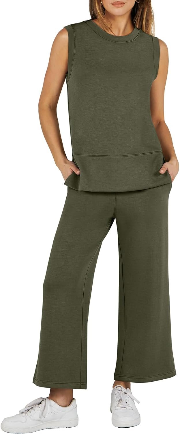 ANRABESS Women’s 2 Piece Sets Summer Travel Airplane Outfits Sleeveless Wide Leg Casual Lounge Matching Sweat Set Sweatsuits