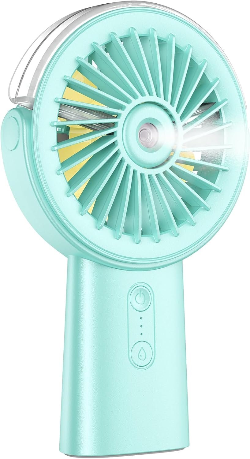 Otlonpe Handheld Misting Fan Portable, 4000mAh Rechargeable Small Personal Water Spray Hand Held Mist Fan Battery Operated, 90° Rotatable, Power Bank for Travel Home Office Men Women Kids (Green)