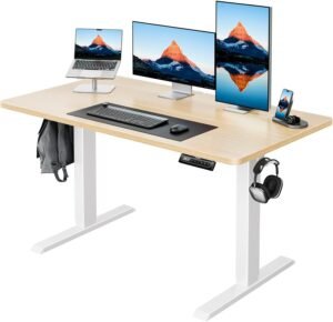 HUANUO 48″ x 24″ Electric Standing Desk Adjustable Height, 4 Memory Height Settings, Headphone Hook, Cable Manager, Sit Stand Up Desk for Home Office & Computer Workstation, Natural