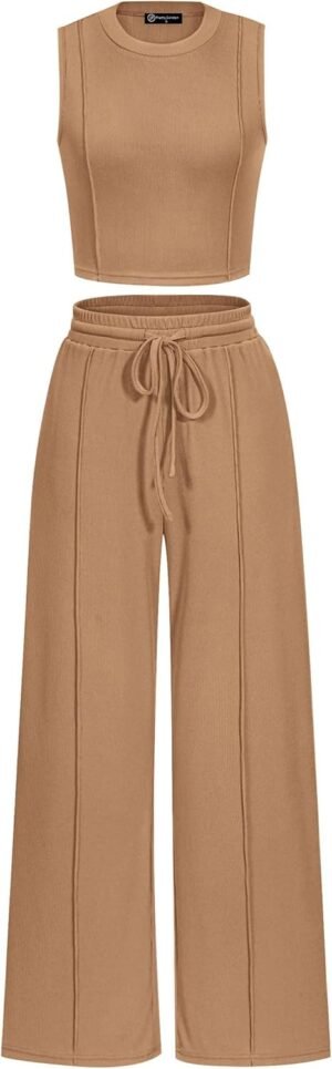 PRETTYGARDEN Women’s Summer 2 Piece Loungewear Set Cropped Tank Top Wide Leg Sweatpants Tracksuit Casual Outfits