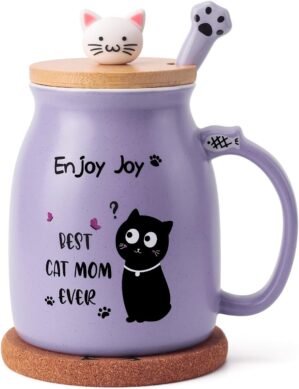 Best Mom Ever Coffee Mug – Mothers Day Gift for Mom, 16 Oz Purple Cute Cat Ceramic Cup with Spoon Lid, Birthday Gifts for Women, Best Mom Novelty Mug Ideas for Her, Mama, Grandma, Daughter, Sister