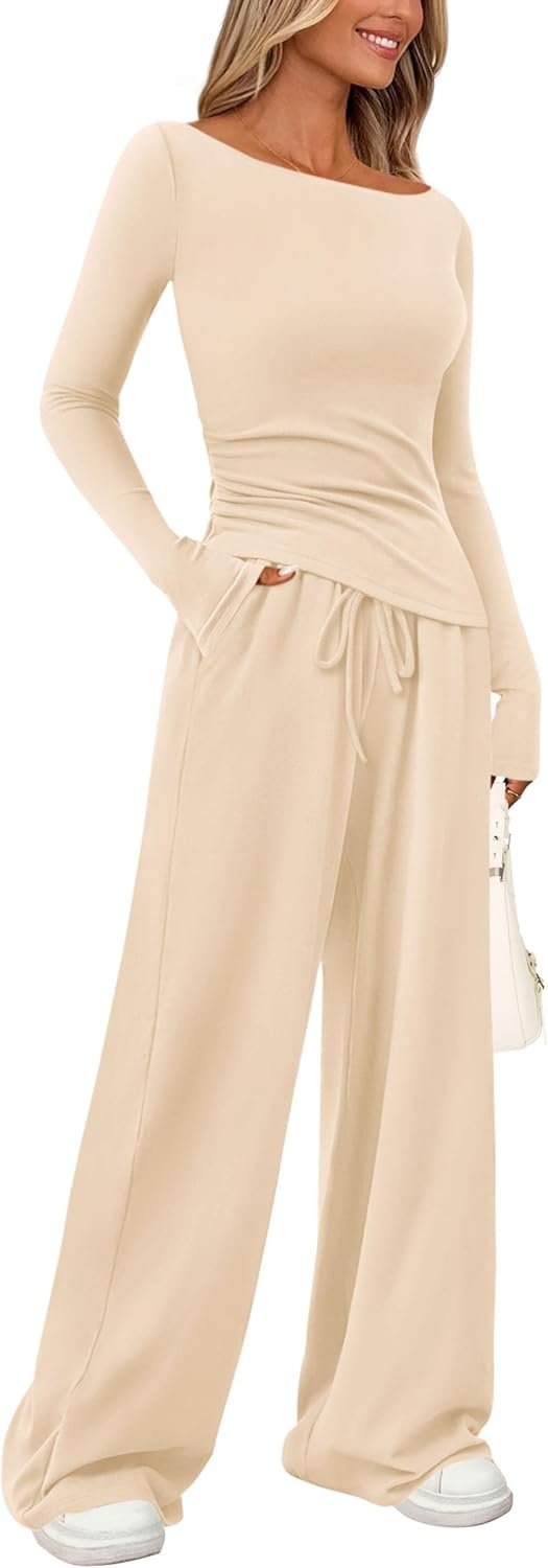 PRETTYGARDEN Women’s 2 Piece Lounge Sets Asymmetrical Long Sleeve T Shirt Wide Leg Pants Casual Outfits Tracksuit