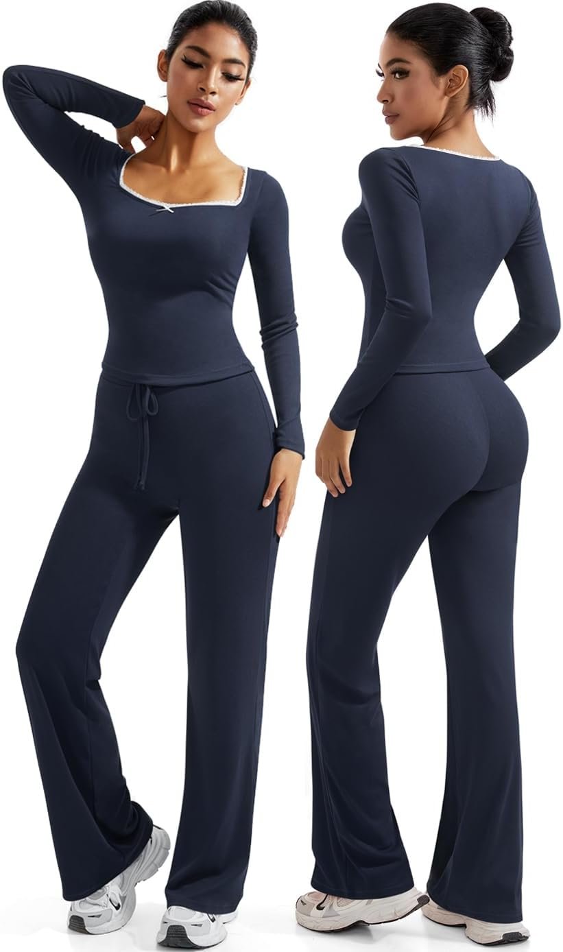 OMKAGI Womens Lounge Set Lace Square Neck Long Sleeve Tops Wide Leg Pants 2 Piece Outfits