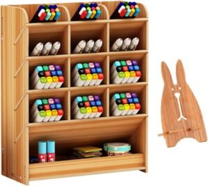 Marbrasse Wooden Pen Organizer, Multi-Functional DIY Pen Holder Box, Desktop Stationary, Easy Assembly, Home Office Art Supplies Organizer Storage with Drawer (B12-Cherry Color)