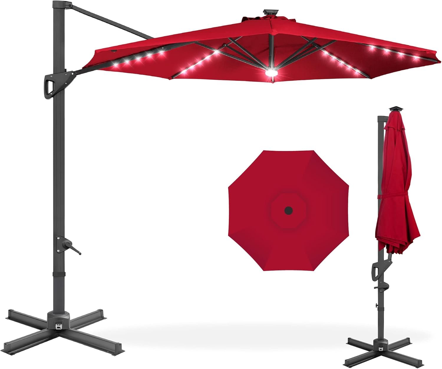 Best Choice Products 10ft Solar LED Cantilever Patio Umbrella, 360-Degree Rotation Hanging Offset Market Outdoor Sun Shade for Backyard, Deck, Poolside w/Lights, Easy Tilt, Cross Base – Red