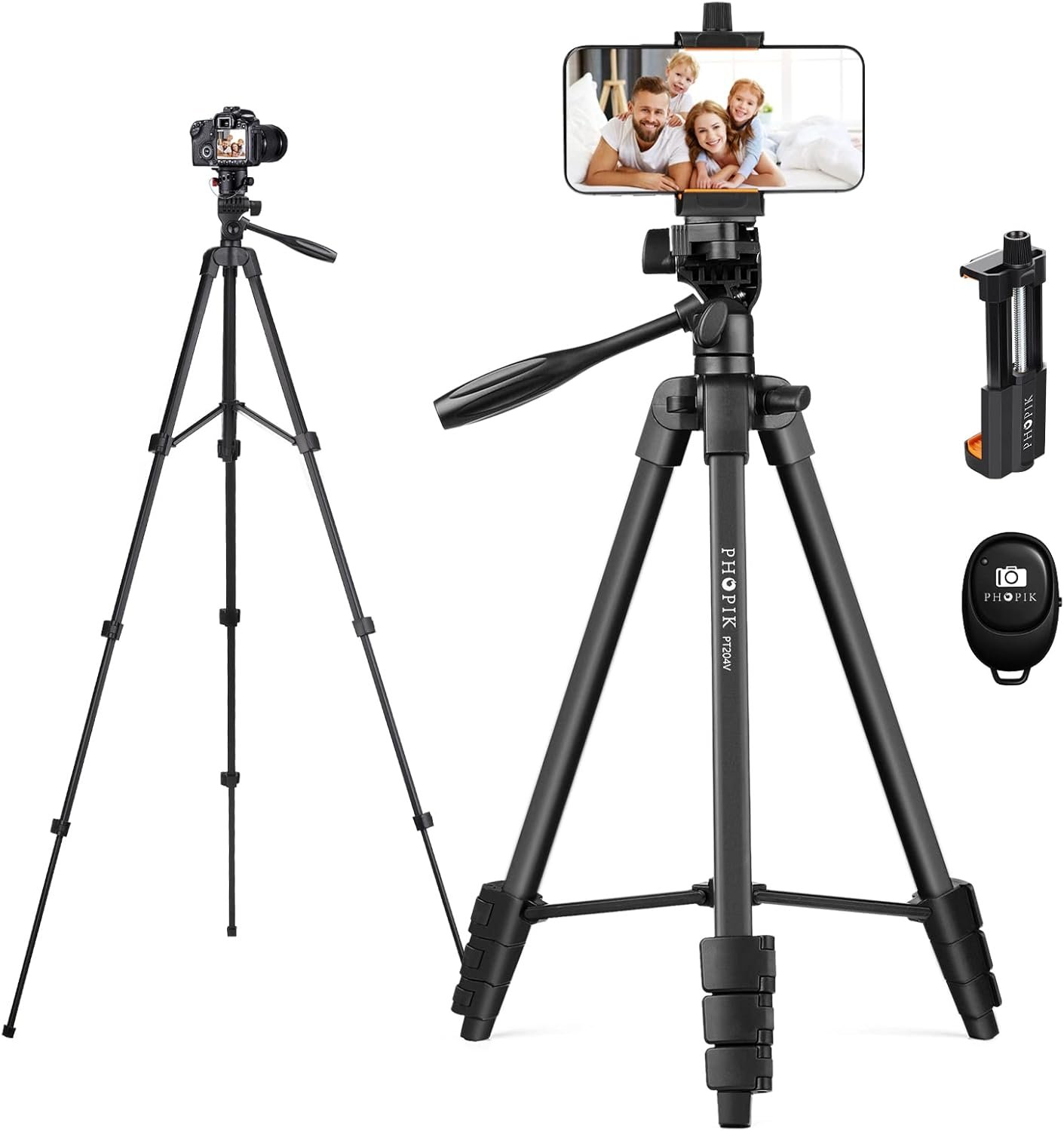 55″ Phone Tripod, PHOPIK Aluminum Extendable Tripod Stand with Shutter, Carrying Bag, Compatible with iPhone/Android/Sport Camera&Insta 360 x5 Perfect for Video Recording/Selfies/Live Stream/Vlogging