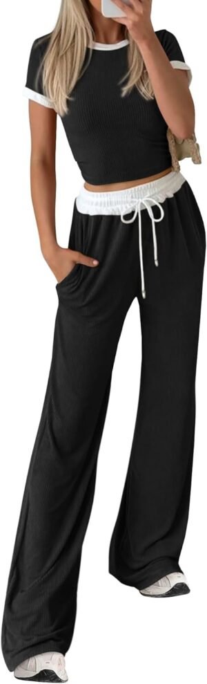 BTFBM Womens 2 Piece Outfits 2025 Spring Fashion Casual Clothes Ribbed Knit Crop Top Wide Leg Pants Tracksuit Lounge Set