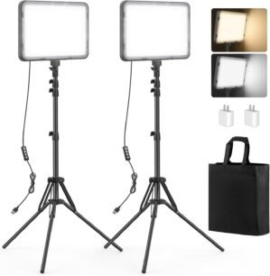 2 Pack LED Video Light with 63” Tripod Stand, Kmasic 2500-8500K Dimmable Photography Lighting Kit,15W Soft Studio Lighting for Video Recording/Filming/Game Streaming/YouTube/Podcast, USB Charger